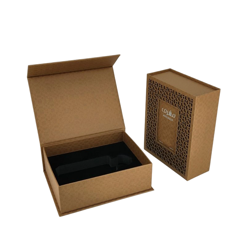 Boîte de parfum en papier d'or avec couvercle rigide et insert EVA HP001