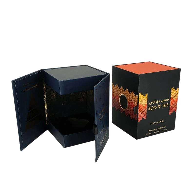 Boîte de parfum rigide de luxe avec logo en feuille d'or personnalisée et élégant plateau EVA HP002