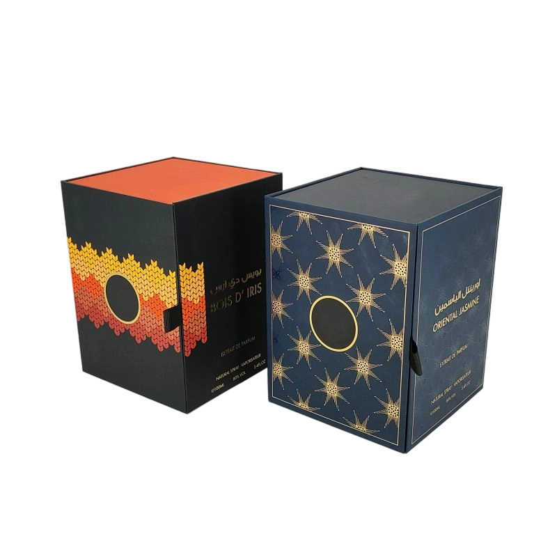 Boîte de parfum rigide de luxe avec logo en feuille d'or personnalisée et élégant plateau EVA HP002