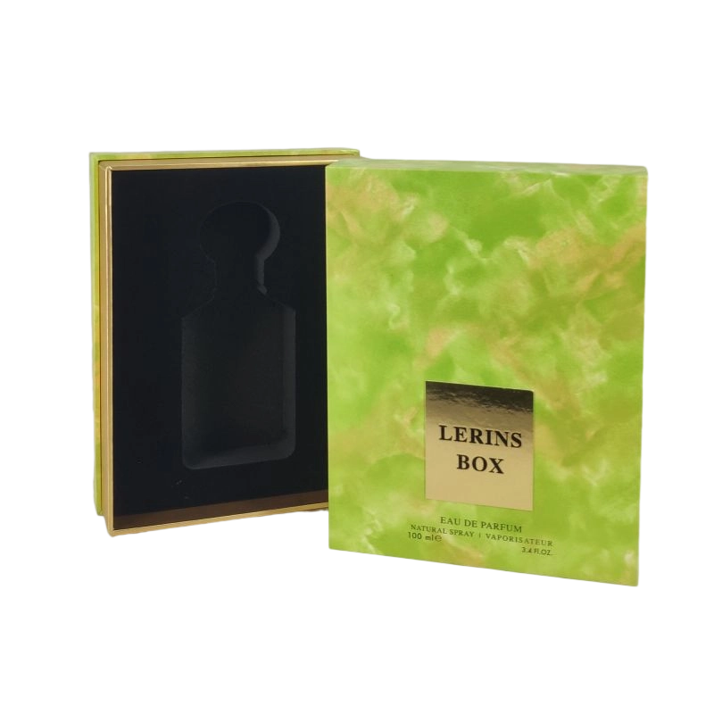 Boîte de parfum en feuille d'or élégante avec plateau EVA pour affichage de parfum et base de couvercle rigide HP020