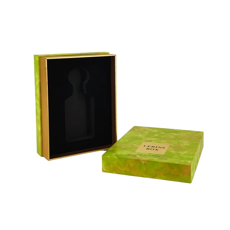 Boîte de parfum en feuille d'or élégante avec plateau EVA pour affichage de parfum et base de couvercle rigide HP020