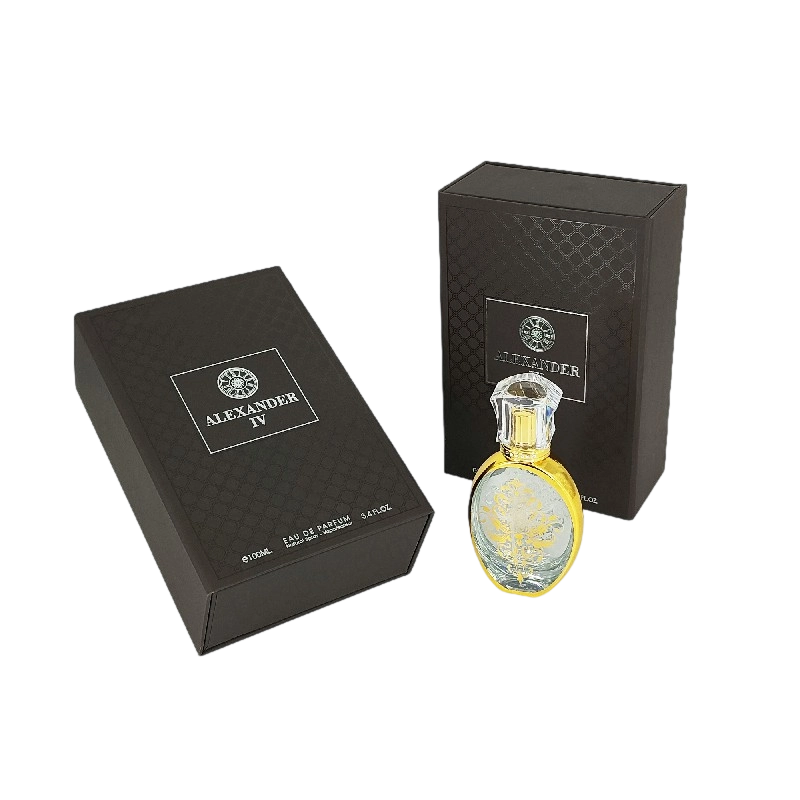 Boîte de parfum tamponné en papier d'or avec couvercle rigide et insert EVA pour présentation luxueuse HP021