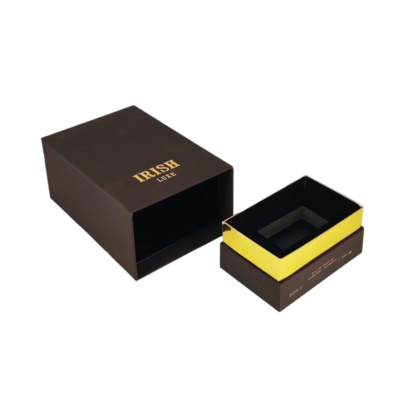 Boîte de parfum sophistiqué avec feuille d'or personnalisée et mousse EVA pour affichage de parfum sûr HP028