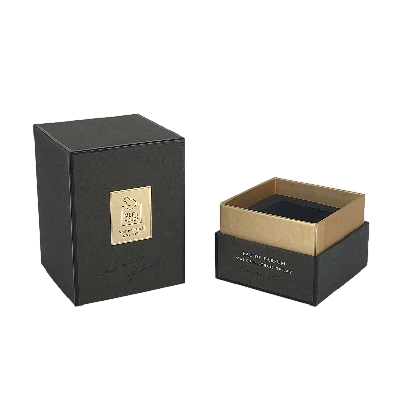 Boîte de parfum en feuille d'or avec couvercle rigide, base et plateau en mousse EVA pour affichage luxueux HP034