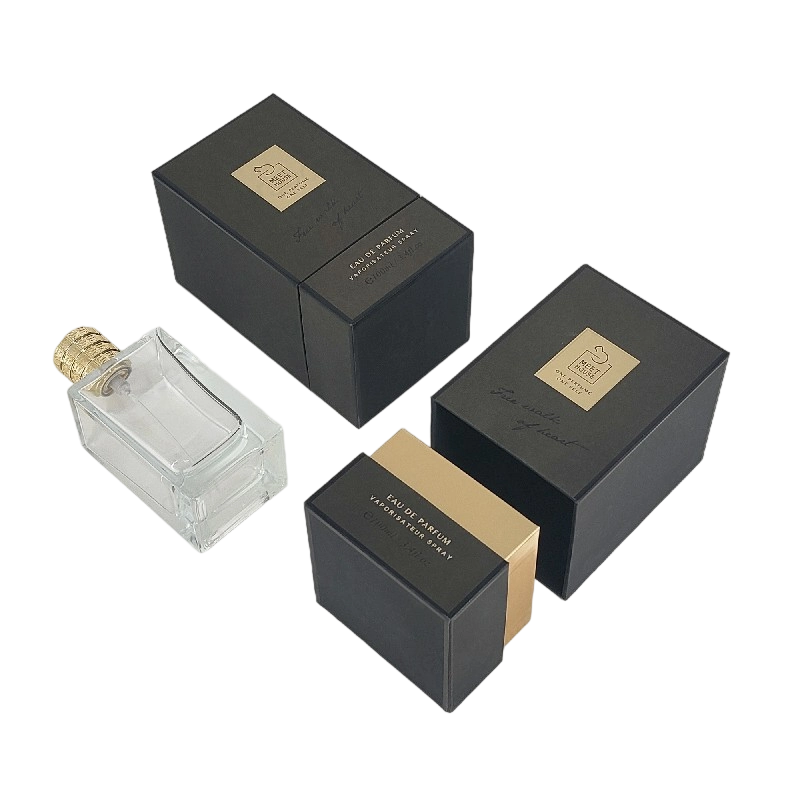 Boîte de parfum en feuille d'or avec couvercle rigide, base et plateau en mousse EVA pour affichage luxueux HP034