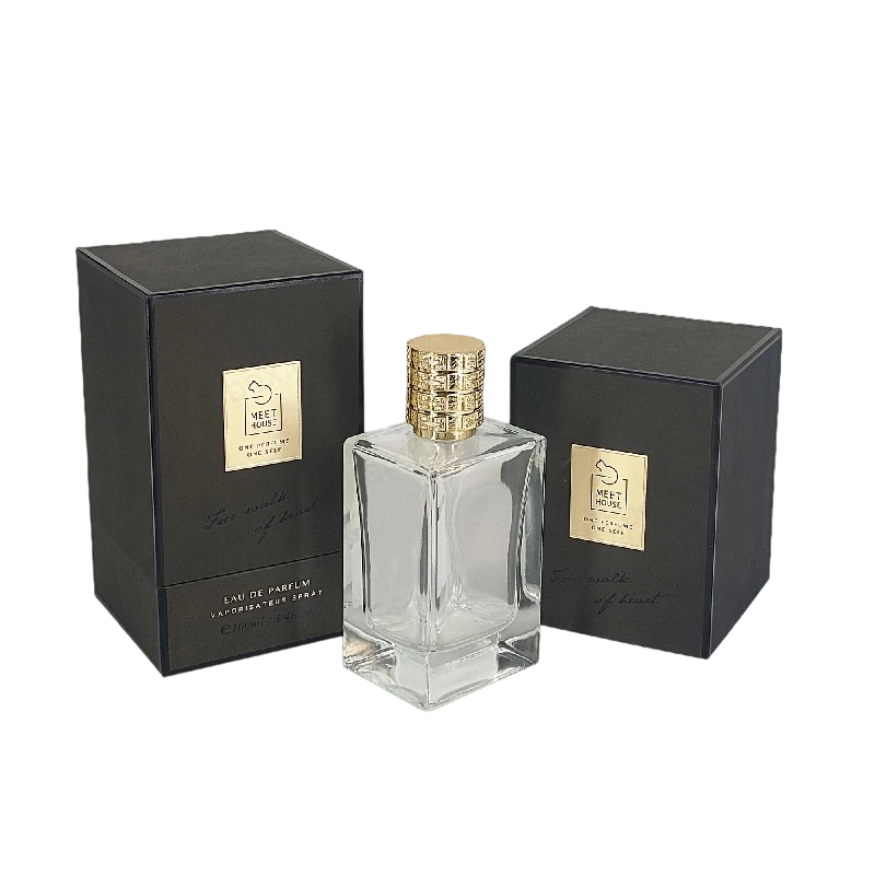 Boîte de parfum en feuille d'or avec couvercle rigide, base et plateau en mousse EVA pour affichage luxueux HP034