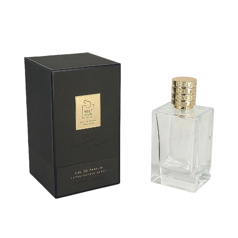 Boîte de parfum en feuille d'or avec couvercle rigide, base et plateau en mousse EVA pour affichage luxueux HP034