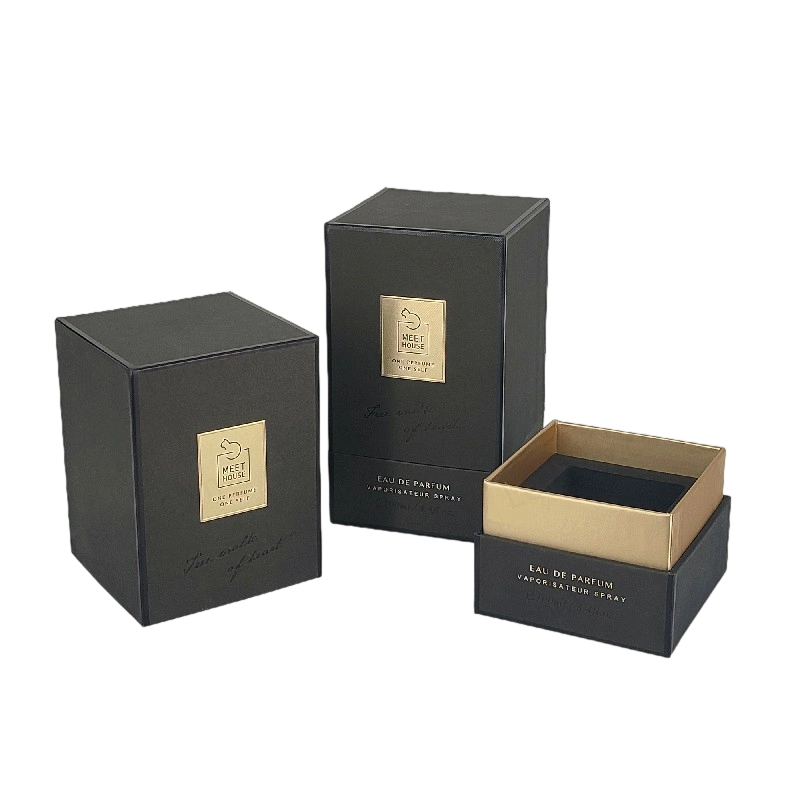 Boîte de parfum en feuille d'or avec couvercle rigide, base et plateau en mousse EVA pour affichage luxueux HP034