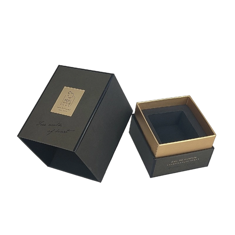 Boîte de parfum en feuille d'or avec couvercle rigide, base et plateau en mousse EVA pour affichage luxueux HP034